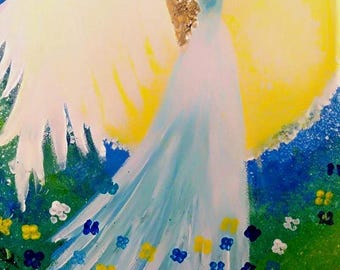 Angel Acrylic Painting, Spring Floral Art, Religious Gift