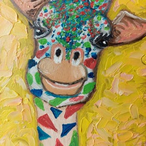 Pintura al óleo original Arte pictórico al óleo Pintura de animales "JIRAFA COLORIDA" una pequeña pintura, un regalo para una niña, mamá, decoración de interiores, amarillo
