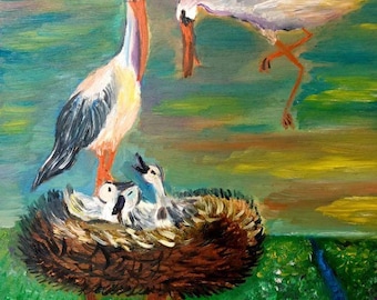 Pintura al óleo original "Familia de grullas" Pintura de pájaros Nido con pájaros Pintura al óleo Decoración de habitación infantil Paisaje Arte de pájaros Regalo para un niño