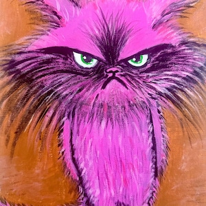 Angry pink cat" original acrylic painting on a canvas for a gift. A bright and funny picture