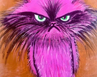 Pintura original de gato rosa enojado, divertido retrato de mascota acrílico sobre lienzo
