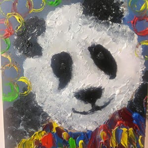 Pintura al óleo original Arte pictórico al óleo Pintura de animales "PANDA COLORIDO" Cuadro diminuto de tamaño pequeño Pintura de animales Coleccionable Tablero duro