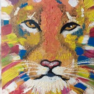 Olieverf op karton Olieverfschilderij dierenschilderij "KLEURRIJKE LEEUW" Klein formaat klein schilderij Dierenschilderij collectible hardboard