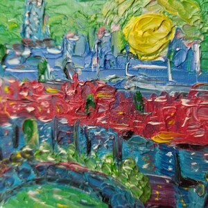 Olieverfschilderij Klassieke impasto-stijl Klein schilderij "CITY MODERN" Kleine schildersezel in cadeau Geschilderd canvas op karton