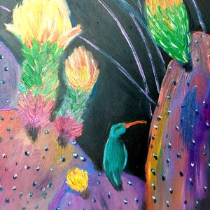 Pintura a óleo original Desenho de cacto colorido Arte a óleo sobre cartão duro "Cacto e pássaro"obra de arte Pintura minúscula Arte de parede suculenta Pintura sobre painel