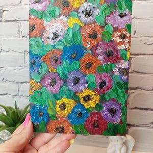 Pintura clássica de óleo impasto "CAMPO DE FLORES" Arte com tema de flores Pintura a óleo Imagem de tamanho pequeno Arte estilo impressionismo Flores brilhantes de verão