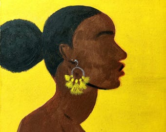African-American Girl Portrait Painting, Yellow & Black Acrylic Art