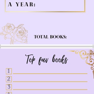 Może przedstawiać: Liliowy tracker książek ze złotymi akcentami. G&oacute;rna sekcja zawiera napisy "A YEAR:" i "TOTAL BOOKS:" czarnym tekstem. Dolna sekcja zawiera listę "Top fav books" z ponumerowanymi liniami. Złote kwiatowe ilustracje zdobią projekt.