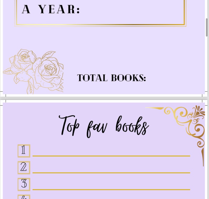 Może przedstawiać: Strona dziennika książki w kolorze liliowym ze złotymi akcentami. W g&oacute;rnej części znajduje się napis "A YEAR:" i "TOTAL BOOKS:" poniżej. Dolna sekcja zawiera listę "Top fav books" z ponumerowanymi liniami dla wpis&oacute;w. Złote ilustracje r&oacute;ż i dekoracyjne elementy narożne.