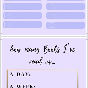 Może przedstawiać: Jasnofioletowa strona planera ze złotą obw&oacute;dką i tekstem "how many Books I've read in..." z sekcjami dla "A DAY:" i "A WEEK:" nad serią p&oacute;l wyboru.