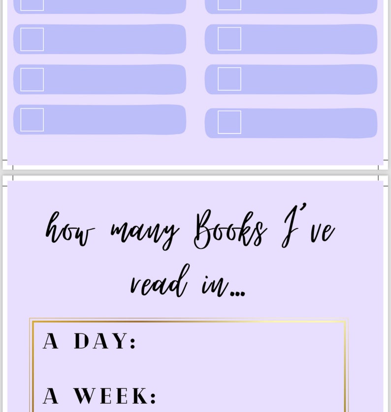 Może przedstawiać: Jasnofioletowa strona planera ze złotą obw&oacute;dką i tekstem "how many Books I've read in..." z sekcjami dla "A DAY:" i "A WEEK:" nad serią p&oacute;l wyboru.