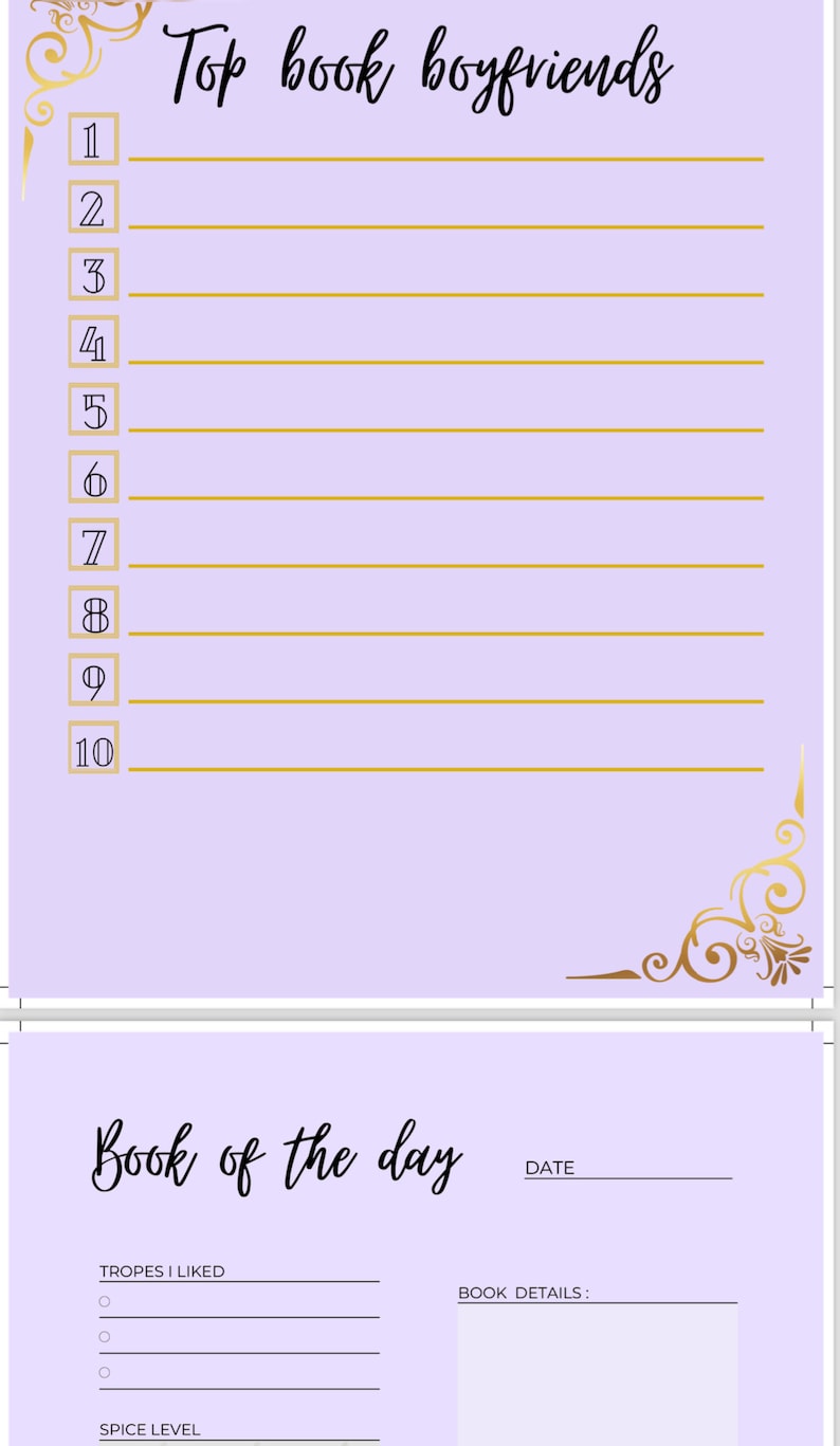Może przedstawiać: Fioletowa lista zatytułowana "Top book boyfriends" z dziesięcioma numerowanymi liniami. Dolna sekcja zatytułowana jest "Book of the day" z pytaniami dla "Tropes I liked", "Spice level" i "Book details."