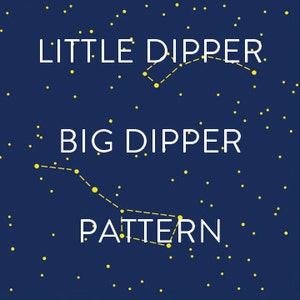 Può includere: Uno sfondo blu con stelle gialle che rappresentano il cielo notturno. Le costellazioni dell'Orsa Maggiore e dell'Orsa Minore sono delineate in bianco con linee tratteggiate. Il testo "BIG DIPPER PATTERN" e "LITTLE DIPPER" è scritto in bianco.