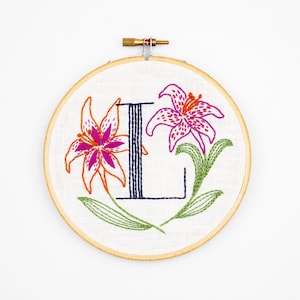 L is for Lily, Floral Monogram Embroidery Kit - Personalized Gift, DIY