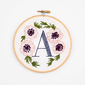 A is for Anemone, Floral Monogram Embroidery Kit - Personalized Gift, DIY