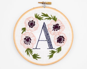 A is for Anemone, Floral Monogram Embroidery Kit - Personalized Gift, DIY