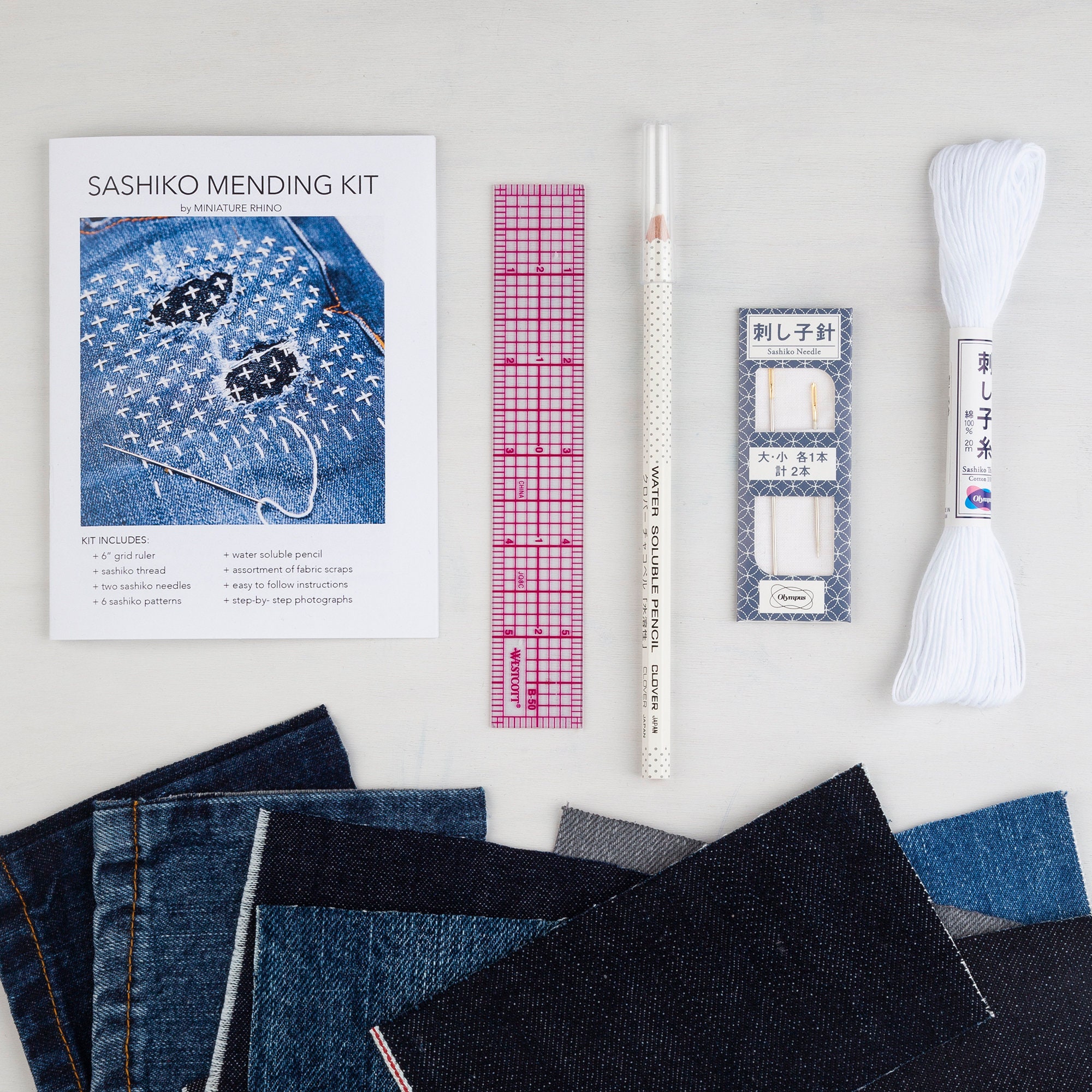 Mending Kit with 52 Sashiko Patterns - A Threaded Needle