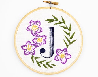 J is for Jacob's Ladder, Floral Monogram Embroidery Kit - Personalized Gift, DIY