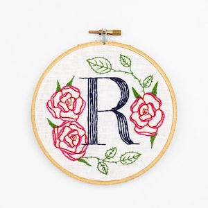 R is for Rose, Floral Monogram Embroidery Kit - Personalized Gift, DIY