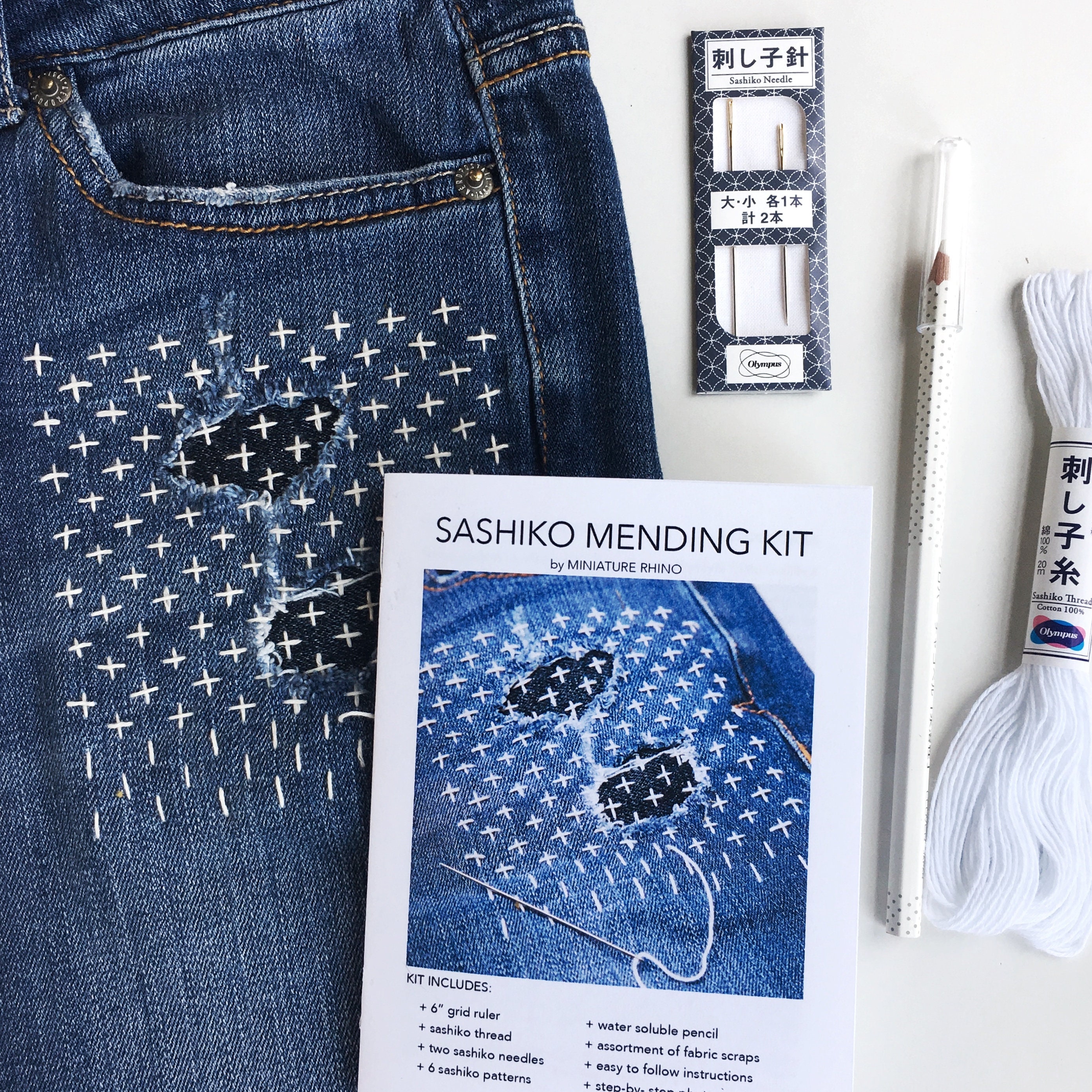 Mending Kit with 52 Sashiko Patterns - A Threaded Needle