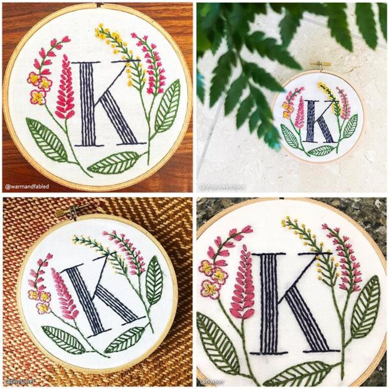 Personalized Gift DIY K is for Knotweed Floral Monogram Embroidery Kit