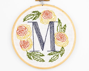 M is for Marigold, Floral Monogram Embroidery Kit - Personalized Gift, DIY