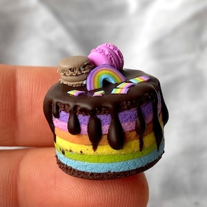 Könnte beinhalten: Ein Miniatur-Regenbogenkuchen mit Schokoladenglasur und bunten Schichten. Der Kuchen ist mit einem rosa Macaron, einem braunen Macaron und einem Regenbogen belegt. Die Glasur tropft an den Seiten herunter. Ein skurriles und farbenfrohes Dessert.