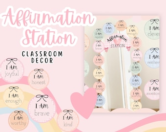 Classroom Affirmation Station Set in Gingham and Bows Theme Soft Pastels | Teacher Printable | Bulletin Boards | Elementary Classroom Decor
