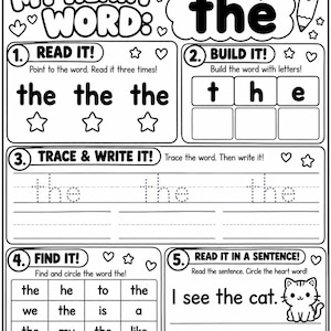 May include: A black and white educational worksheet titled My Heart Word: the. It features five sections: Read It, Build It, Trace & Write It, Find It, and Read It in a Sentence. The page includes a cat illustration, a pencil, and a book.