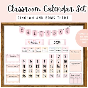 Calendario para el aula con temática de cuadros vichy y lazos / Decoración para el aula / Vuelta al cole / Imprimible para profesores / Escuela primaria / Tablón de anuncios