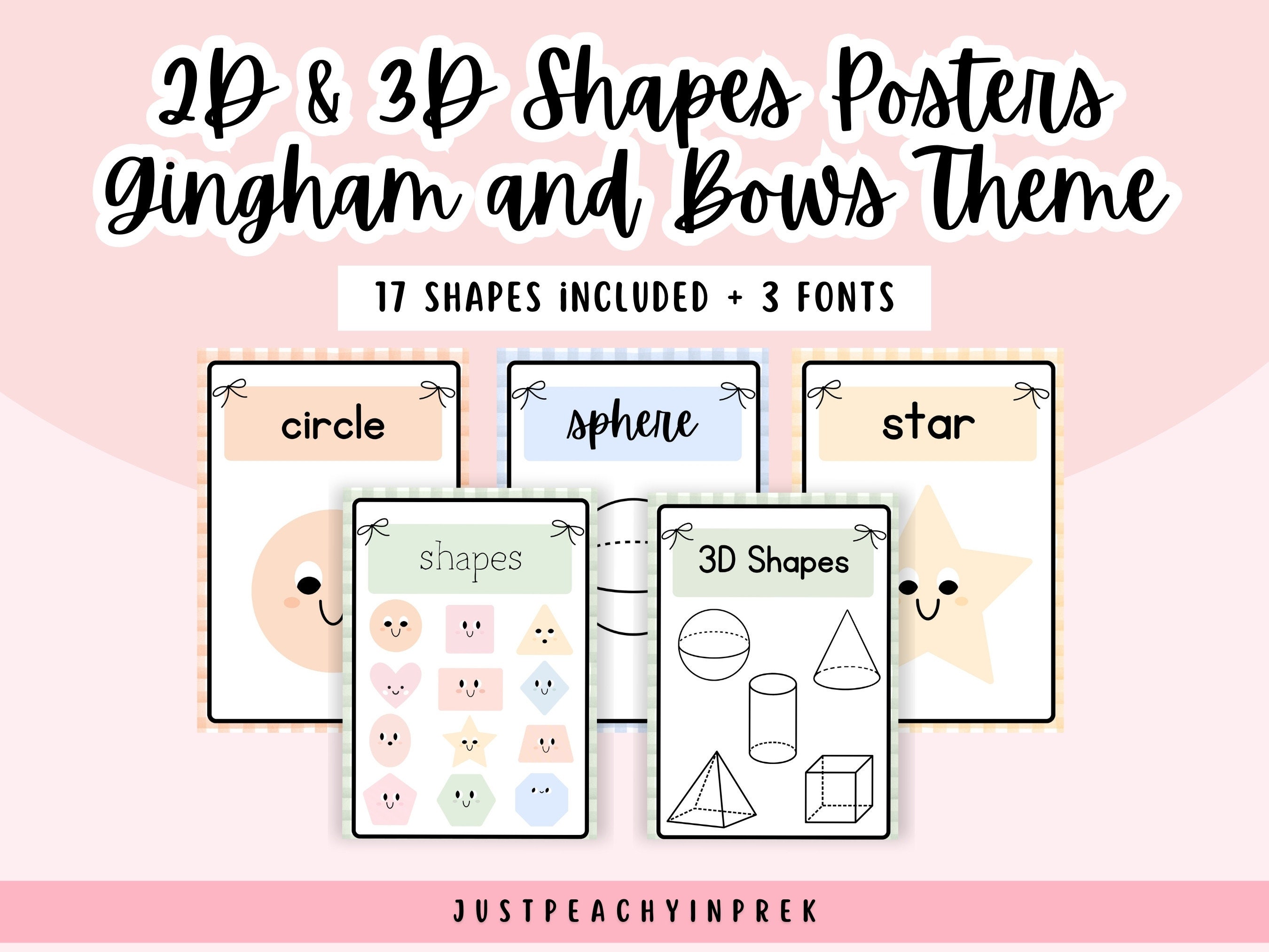 Classroom 2D and 3D Shapes Posters in Gingham and Bows Theme | Calm Pastel Colors Classroom Decor | Teacher Math Printable | Bulletin Boards