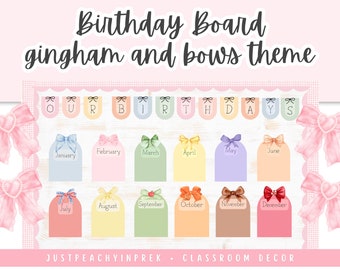 Classroom Birthday Board Set Gingham and Bows | Bulletin Board | Classroom Decor | Soft Pastel Classroom Theme | Teacher Printable