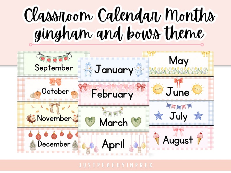 Classroom Calendar Set in Gingham and Bows Theme | Classroom Decor ...