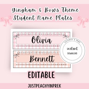 May include: Editable printable name plates with a gingham and bow theme. The plates feature a pink and white gingham pattern with a pink bow at the top. The text "Olivia" and "Bennett" are printed on the plates, along with numbers 0-30.