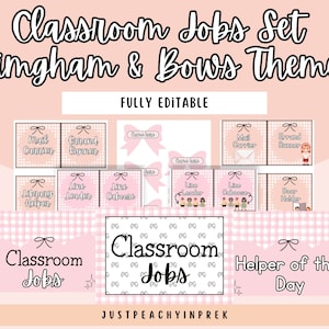 Könnte beinhalten: Klassenzimmer-Jobs-Set im Gingham- und Schleifen-Design. Das Set enthält Karten für den Briefträger, den Boten, den Bibliothekshelfer, den Linienführer, den Linien-Caboose, den Türhalter und den Helfer des Tages. Die Karten sind rosa und weiß mit schwarzem Text und Schleifen.