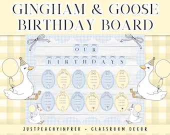 Tablero de cumpleaños para el aula con diseño de ganso a cuadros / Decoración en tonos pastel (Descarga digital)