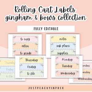 Rollwagen Etiketten Set im Gingham und Bögen Thema | Vollständig bearbeitbar | Klassenzimmer Dekor | Zurück in die Schule | Organisation im Klassenzimmer