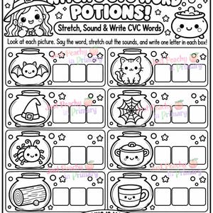 Könnte beinhalten: Ein schwarz-weißes Arbeitsblatt mit dem Titel Witch's CVC Word Potions! zeigt eine Hexe, einen Kessel und acht Zaubertrankflaschen mit Abbildungen einer Fledermaus, Katze, eines Hutes, Spinnennetzes, Käfers, Topfes, Baumstammes und Bechers mit leeren Kästchen.