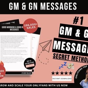 May include: A pink and white digital product cover with the text "GM & GN MESSAGES" in black. The cover also features a red and orange flame graphic, a white star rating, and the text "#1 GM & GN MESSAGES SECRET METHOD" in black.