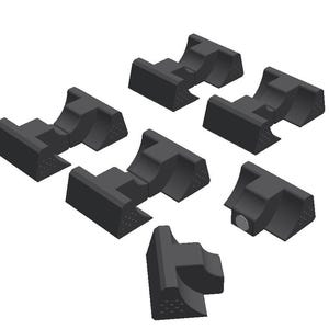 May include: Six black plastic pipe clamps, each with a different orientation, designed to hold pipes in place.