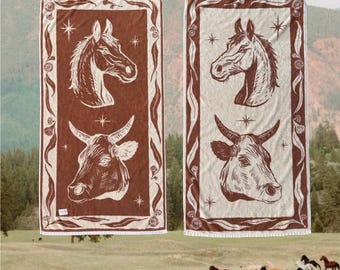 Creek Towel ~ 100% cotton jacquard towel with eucalyptus, horse and cow illustrations.