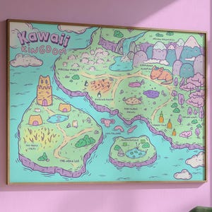 Impression d'art Kawaii Kingdom Fantasy Map | art esthétique kawaii rose | Art déco dopamine