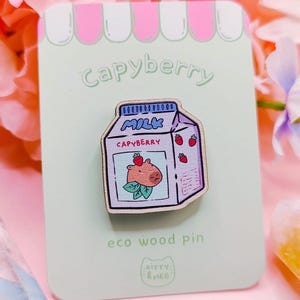 Capyberry eco wood pin | kawaii milk pin badge | cute capybara pin