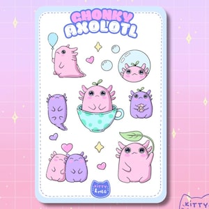 Foglio di adesivi Chonky Axolotl / Foglio di adesivi carini / Adesivi kawaii in vinile