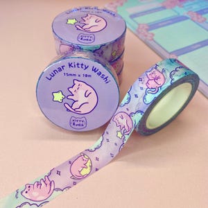 Lunar Kitty Washi Tape: Kawaii Cat Journaling (15mm x 10m)