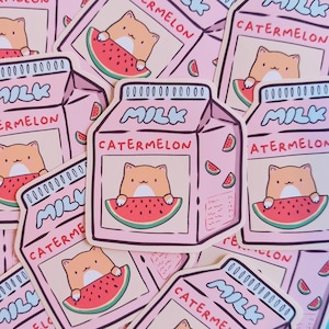 Pegatina de vinilo mate de Catermelon/ Pegatina de leche linda/ Pegatinas de vinilo de gato kawaii