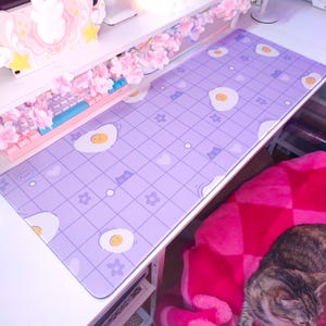 Kawaii Desk Mat: Water Resistant Purple Cat Gaming Mat