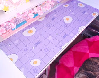 Sunny Side Up water resistant Desk Mat | Kawaii purple gaming mat | Cute egg & cat desk mat |