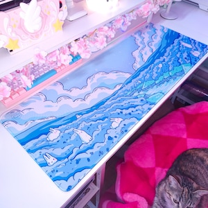 Blueberry Bunny Desk Mat: Kawaii Pastel Gaming Mat, Water Resistant