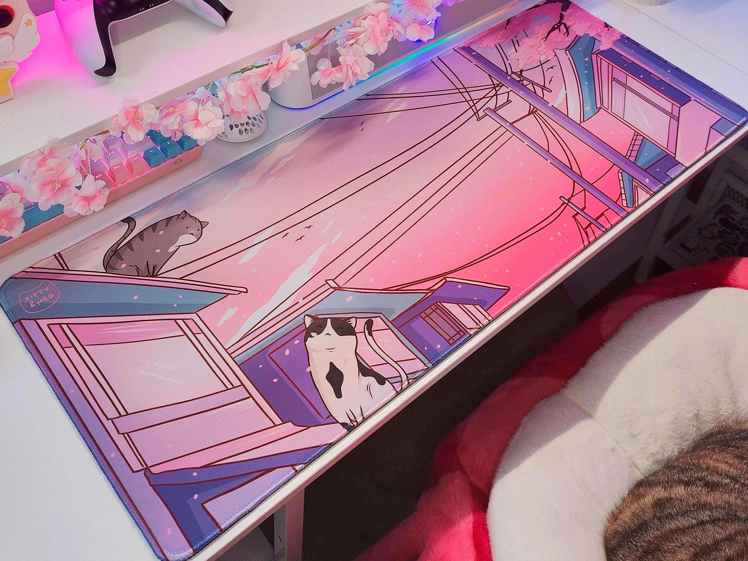 Sakura Kitty water resistant Desk Mat | Kawaii Desk Pad | Cute Pink Desk Pad |